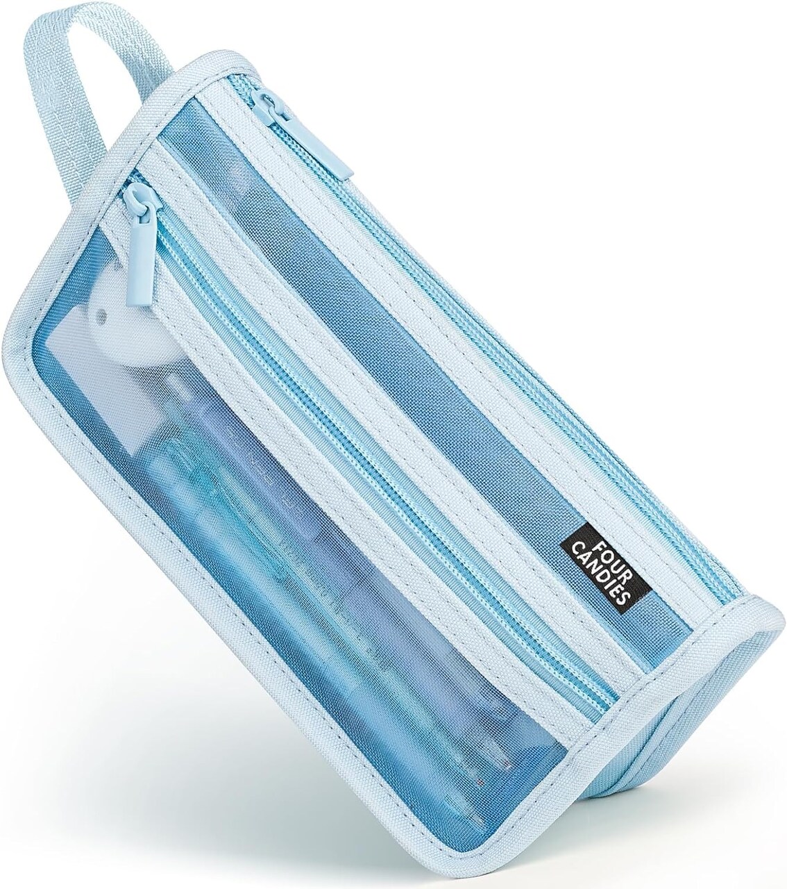 Grid Mesh Pencil Case with Handle and Zipper, Clear Double-layer Pencil Pouch Marker Pouch, Travel Makeup Bag, Cute Transparent Stationary Organizer Pen Bag for Adult Office College